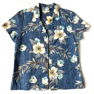 Reyn Spooner Womens M Button Hawaiian Shirt Blue Floral Vintage Reverse Print